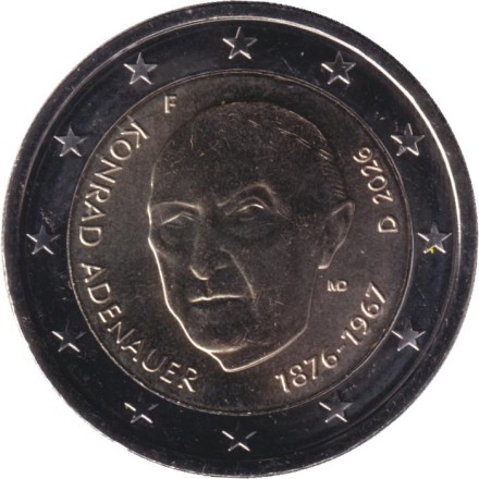 Монета 2 евро. 2026 год (F), Германия. Конрад Аденауэр.