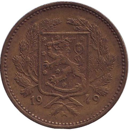Монета 5 марок. 1949 год, Финляндия. ("H" - широкая, иголки неровные)
