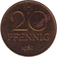 Монета 20 пфеннигов. 1980 год, ГДР. Монета 20 пфеннигов. 1980 год, ГДР.