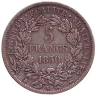 Монета 5 франков. 1850 год, Франция. ("K" - Бордо). Редкая. Монета 5 франков. 1850 год, Франция. ("K" - Бордо). Редкая.