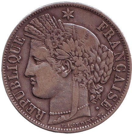 Монета 5 франков. 1850 год, Франция. ("K" - Бордо). Редкая.