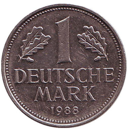 Монета 1 марка. 1988 год (D), ФРГ. Из обращения.