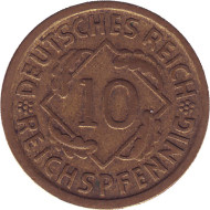 Монета 10 рейхспфеннигов. 1929 (D) год, Веймарская республика. Монета 10 рейхспфеннигов. 1929 (D) год, Веймарская республика.