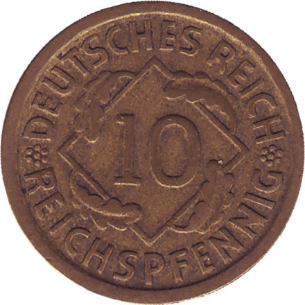 Монета 10 рейхспфеннигов. 1929 (D) год, Веймарская республика.