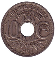 Монета 10 сантимов. 1917 год, Франция. Монета 10 сантимов. 1917 год, Франция.