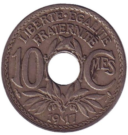 Монета 10 сантимов. 1917 год, Франция.
