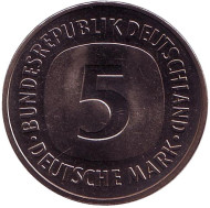 Монета 5 марок. 1980 год (D), Германия. Монета 5 марок. 1980 год (D), Германия.