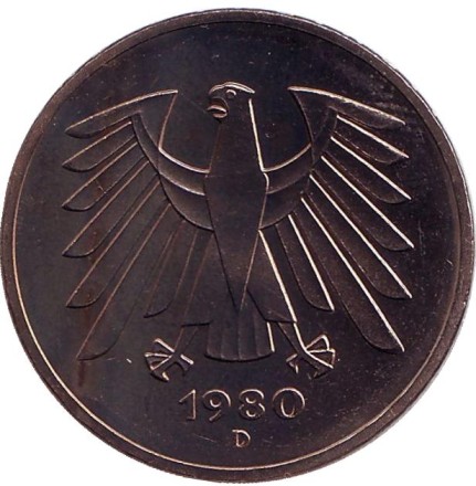 Монета 5 марок. 1980 год (D), Германия. Монета 5 марок. 1980 год (D), Германия.