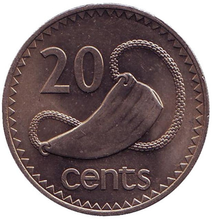 Монета 20 центов. 1985 год, Фиджи. Культовый атрибут Tabua (зуб кита) на плетеном шнурке.