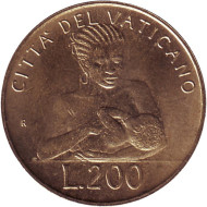 Монета 200 лир. 1992 год, Ватикан. Кормящая мать. Монета 200 лир. 1992 год, Ватикан. Кормящая мать.