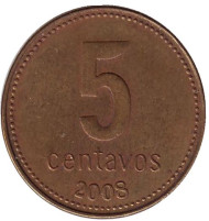 Монета 5 сентаво. 2008 год, Аргентина. Монета 5 сентаво. 2008 год, Аргентина.