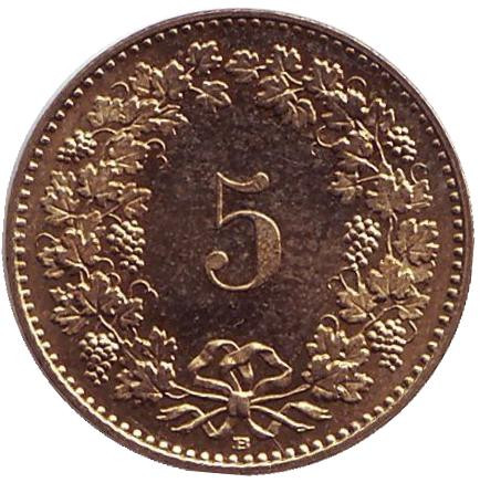Монета 5 раппенов. 2012 год, Швейцария.