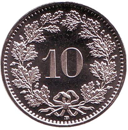 Монета 10 раппенов. 2015 год, Швейцария. UNC.
