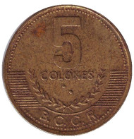 Монета 5 колонов. 2001 год, Коста-Рика. Монета 5 колонов. 2001 год, Коста-Рика.