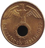 Монета 10 рейхспфеннигов. 1937 год, Германия (Третий Рейх). (E). Монета 10 рейхспфеннигов. 1937 год, Германия (Третий Рейх). (E).