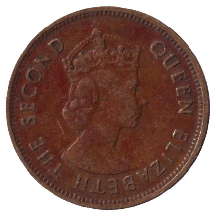 Монета 10 центов. 1965 год, Гонконг. (Без отметки монетного двора). Монета 10 центов. 1965 год, Гонконг. (Без отметки монетного двора).