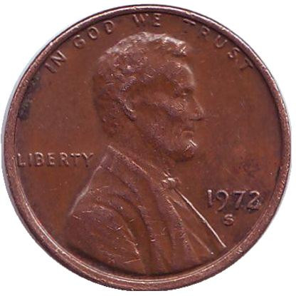 Монета 1 цент. 1972 год (S), США. Линкольн.