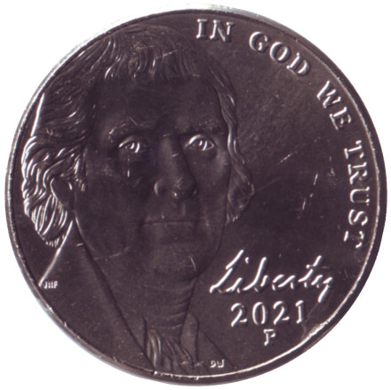 Монета 5 центов. 2021 год (P), США. Джефферсон. Монтичелло.