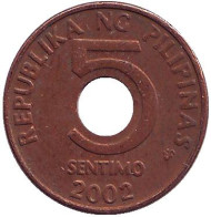 Монета 5 сентимо. 2002 год, Филиппины. Монета 5 сентимо. 2002 год, Филиппины.