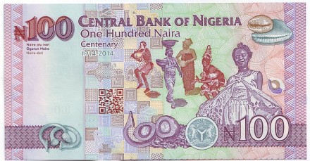 Банкнота 100 найра. 2014 год, Нигерия. 100 лет существования Нигерии.