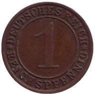 Монета 1 рейхспфенниг. 1929 год (А), Веймарская республика. Монета 1 рейхспфенниг. 1929 год (А), Веймарская республика.