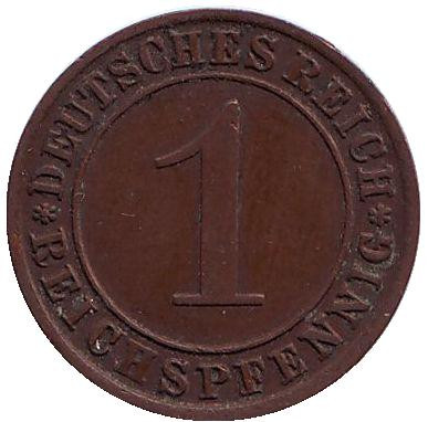 Монета 1 рейхспфенниг. 1929 год (А), Веймарская республика.