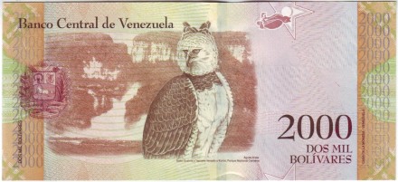 Банкнота 2000 боливаров. 2016 год, Венесуэла. (в/з - Симон Боливар).