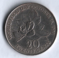 Монета 20 центов. 1986 год, Ямайка. Монета 20 центов. 1986 год, Ямайка.