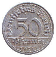 Монета 50 пфеннигов. 1921 год (D), Веймарская республика. Монета 50 пфеннигов. 1921 год (D), Веймарская республика.