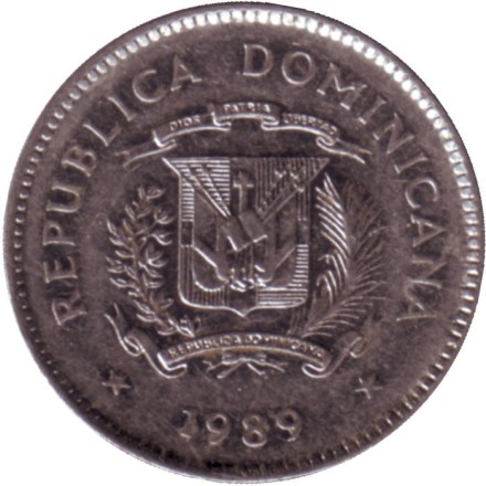 Монета 10 сентаво. 1989 год, Доминиканская Республика. Фрукты и овощи. Монета 10 сентаво. 1989 год, Доминиканская Республика. Фрукты и овощи.