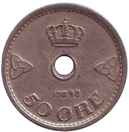 Монета 50 эре. 1948 год, Норвегия.
