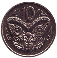 Монета 10 центов. 1975 год, Новая Зеландия. UNC. Маска маори.