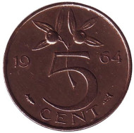Монета 5 центов. 1964 год, Нидерланды. Монета 5 центов. 1964 год, Нидерланды.