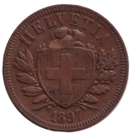 Монета 2 раппена. 1897 год, Швейцария. Монета 2 раппена. 1897 год, Швейцария.