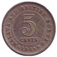 Монета 5 центов. 1961 год (KN), Малайя и Британское Борнео. 