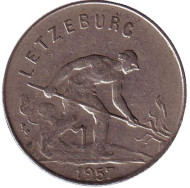 Монета 1 франк. 1957 год, Люксембург. Монета 1 франк. 1957 год, Люксембург.