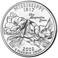 Монета 25 центов (P). 2002 год, США. Миссисипи. Штат № 20. Монета 25 центов (P). 2002 год, США. Миссисипи. Штат № 20.