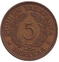 Монета 5 марок. 1930 год, Финляндия. Монета 5 марок. 1930 год, Финляндия.