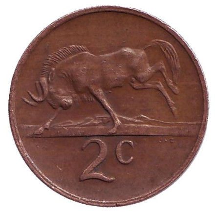 Монета 2 цента. 1973 год, Южная Африка. Белохвостый гну.