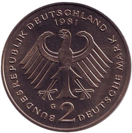 Монета 2 марки. 1981 год (G), ФРГ. Конрад Аденауэр.