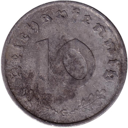 Монета 10 рейхспфеннигов. 1940 год (G), Третий Рейх (Германия).