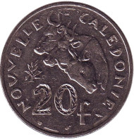Монета 20 франков. 1991 год, Новая Каледония. Быки. Монета 20 франков. 1991 год, Новая Каледония. Быки.