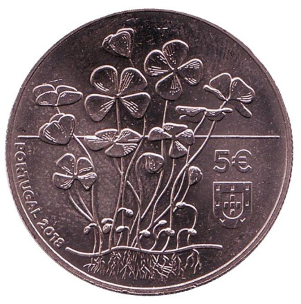 Монета 5 евро. 2018 год, Португалия. Четырёхлистный клевер.