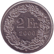 Монета 2 франка (B). 2000 год, Швейцария. Гельвеция. Монета 2 франка (B). 2000 год, Швейцария. Гельвеция.