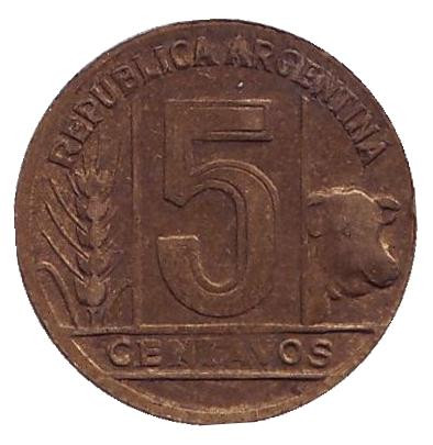 Монета 5 сентаво. 1950 год, Аргентина. Старый тип.