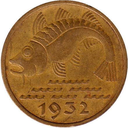 Монета 10 пфеннигов. 1932 год, Данциг. Монета 10 пфеннигов. 1932 год, Данциг.