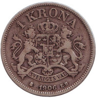 Монета 1 крона. 1906 год, Швеция. Король Оскар II. Монета 1 крона. 1906 год, Швеция. Король Оскар II.