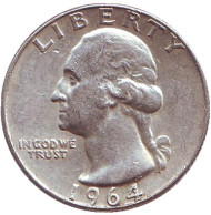 Монета 25 центов. 1964 год (D), США. Вашингтон. Монета 25 центов. 1964 год (D), США. Вашингтон.