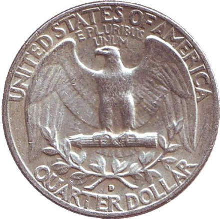 Монета 25 центов. 1964 год (D), США. Вашингтон. Монета 25 центов. 1964 год (D), США. Вашингтон.