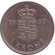 Монета 1 крона. 1989 год, Дания. Монета 1 крона. 1989 год, Дания.